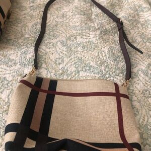 Woven Plaid Crossbody Bag - Beige and Burgundy